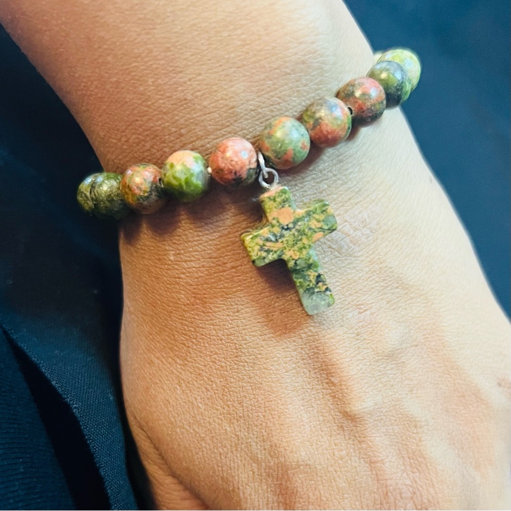 Natural Stone Unakite Bracelet w Cross - Picture 2 of 3